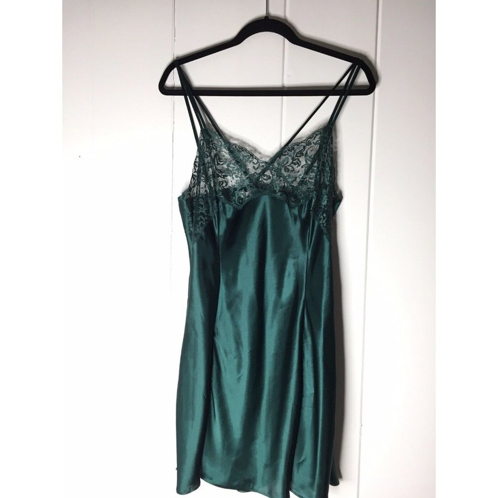 Vintage Victoria's Secret Slip Style Chemise Slip Lace Trim Green Large
